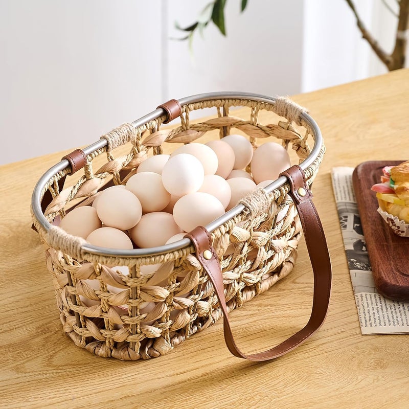 LGENHOOM Egg Baskets for Collecting Fresh Eggs Farmhouse Handmade Wicker Hyacinth Egg Collecting Basket with Handle - Image 2
